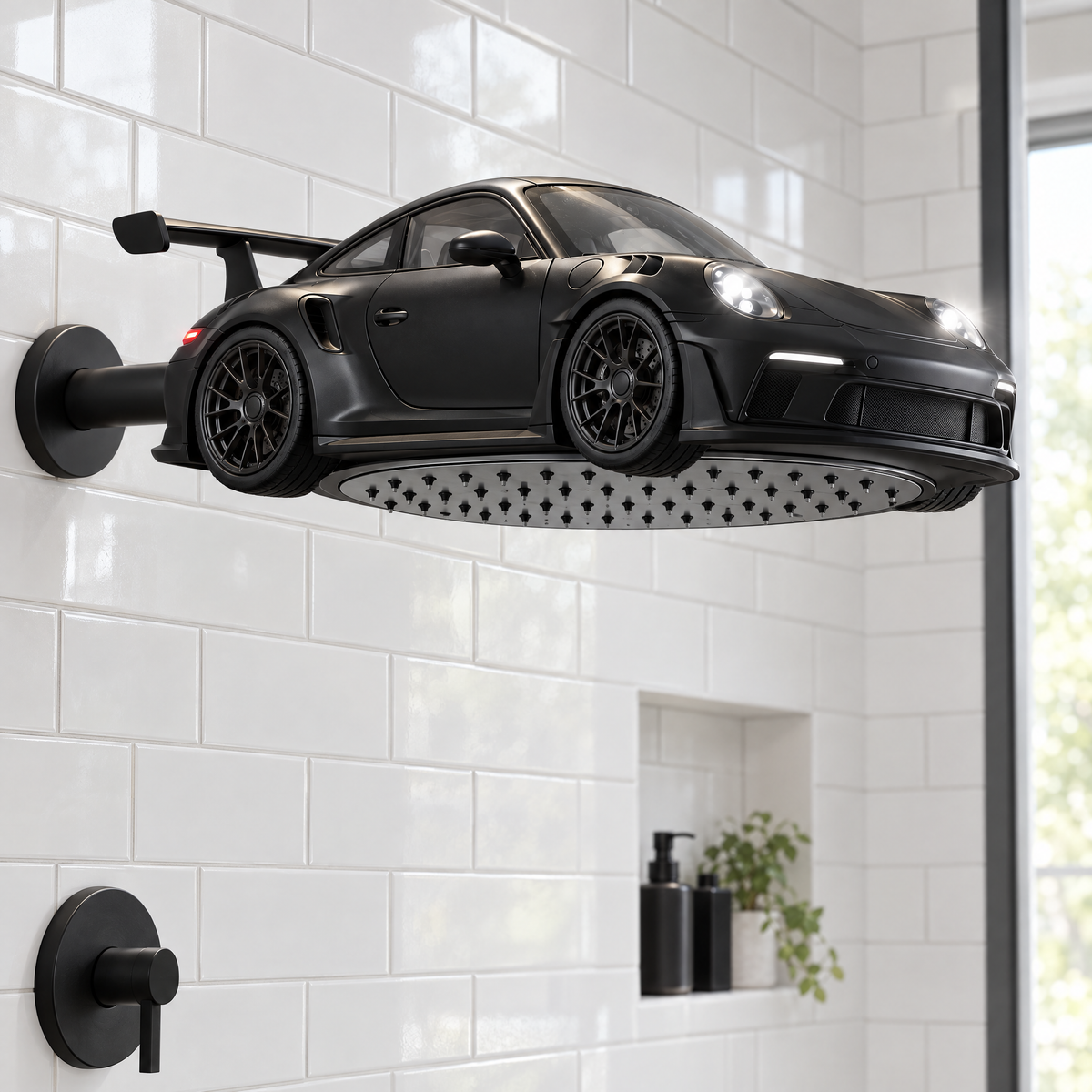 Black GT in a white bathroom